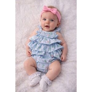 Little Me Blue Floral Ruffle Bubble Romper (6 Mon)